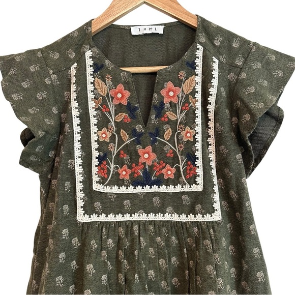 THML Women's SMALL Green Embroidered Floral Artisan Boho Comfy Casual Cap Dress - Picture 4 of 5